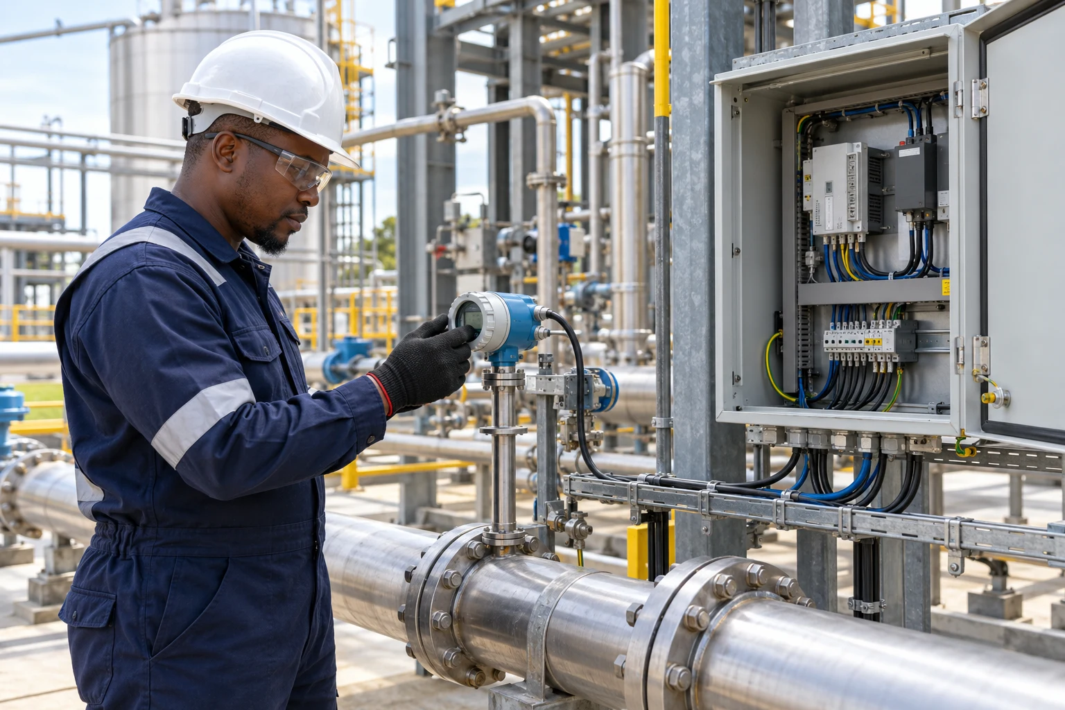 Technician inspecting connected industrial equipment